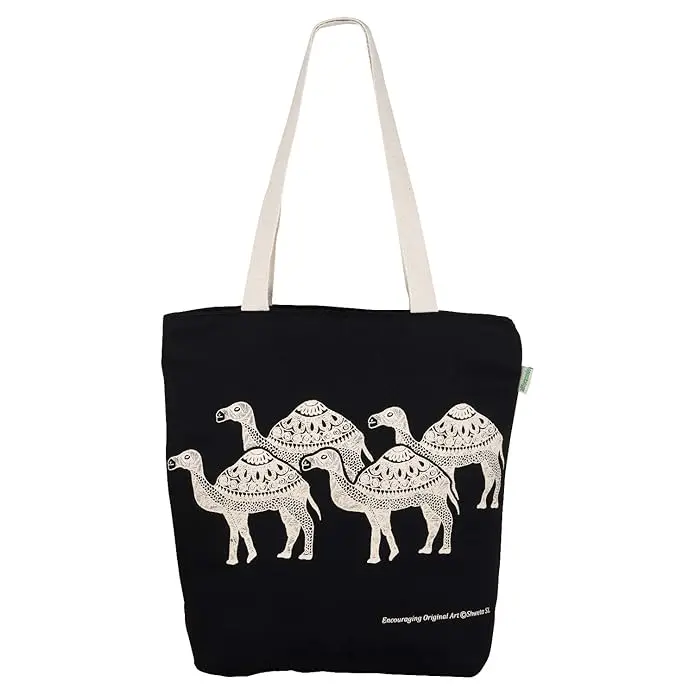 Handmade Black Camel Printed Cotton Canvas Bag 1 Handmade Black Camel Printed Cotton Canvas Bag