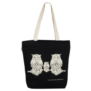Handmade Black Owl Printed Cotton Canvas Bag