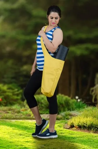 Handmade Lemon Yellow Cotton Canvas Yoga Mat Bag 4 Lemon Yellow Cotton Canvas Yoga Mat Bag with model looking down