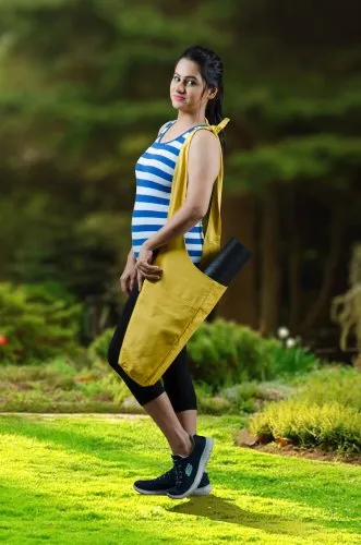 Handmade Lemon Yellow Cotton Canvas Yoga Mat Bag 2 Lemon Yellow Cotton Canvas Yoga Mat Bag with model