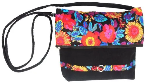 Handmade Black Floral Cotton Canvas Sling Bag